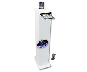 gef-roy Enceinte Colonne Blanche avec Lecteur CD, Bluetooth, FM et USB, 60W, télécommande, Jeu de lumière OVNI LED