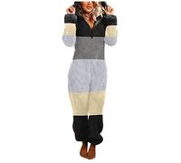 Gefomuofe Combinaison pour femme - En peluche - Avec blocs de couleurs - Pyjama moelleux et chaud - Pour l'hiver - Longue combinaison de maison - Combinaison de loisirs, Noir , 3XL