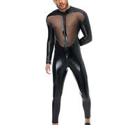 Gefomuofe Combinaison pour homme en latex effet mouillé - Manches courtes - Manteau sexy noir avec policier rouge - Taille unisexe - Body pour homme - Maillot à manches longues, Noir 01, XL