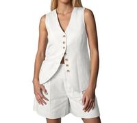 Gefomuofe Costume festif 2 pièces pour mariage - Pantalon d'été sans manches - Blazer et pantalon - Taille haute - 2 pièces - Streetwear - Tenue d'affaires - Tenue de loisirs, Blanc., S