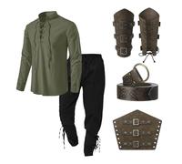 Gefomuofe Costume médiéval en coton et lin pour homme - Costume de loisirs d'été - Costume de pirate - Ensemble 4 pièces - Ensemble d'accessoires de renaissance - Ensemble cosplay