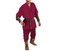 Gefomuofe Costume viking pour homme, chemise, costume de pirate, en lin, vêtements médiévaux, chemise classique à lacets, chemise de pirate, pantalon et accessoires, ensemble de 4 pièces, K rouge., XL