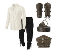 Gefomuofe Costume viking pour homme, chemise, costume de pirate, en lin, vêtements médiévaux, chemise classique à lacets, chemise de pirate, pantalon et accessoires, ensemble de 4 pièces, kaki, L