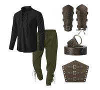 Gefomuofe Costume Viking pour Homme - Ensemble 4 Pièces avec Chemise de Pirate en Lin, Pantalon et Accessoires - Vêtements Médiévaux Classiques à Lacets - Noir, XXL