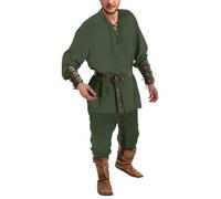 Gefomuofe Costume Viking pour Homme - Ensemble de 4 Pièces avec Chemise en Lin, Pantalon et Accessoires - Vêtements Médiévaux, Style Pirate - K Vert, Taille L