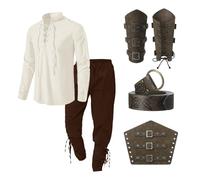 Gefomuofe Costume Viking pour Homme - Ensemble de 4 Pièces avec Chemise en Lin, Pantalon et Accessoires - Vêtements Médiévaux et de Pirate