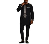 Gefomuofe Dashiki Ensemble africain 2 pièces pour homme - Costume ethnique traditionnel - Chemise à manches longues et pantalon - Vêtements formels pour soirée de mariage - Survêtement slim fit, Noir