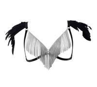 Gefomuofe Ensemble de harnais de corps en plumes pour femme avec épaulettes Style punk gothique Burning Man Sous-vêtements Jambes Jarretière Art Vêtements Accessoires, argenté, taille unique