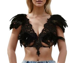 Gefomuofe Ensemble de harnais de corps en plumes pour femme avec épaulettes Style punk gothique Burning Man Sous-vêtements Jambes Jarretière Art Vêtements Accessoires, Noir , taille unique