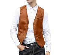 Gefomuofe Gilet en cuir pour homme - Couleur unie - Gilet de costume fin - Gilet d'affaires - Cowboy - Blazer long sans manches - Décontracté - Col de chemise - Veste de loisirs, marron, 5XL