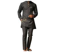 Gefomuofe Hommes Africain Ethnique Imprimé 2 Pièces Tenue Mode Manches Longues Boutonnière Chemise et Pantalon Costume Ethnique Traditionnel Vêtements Africains, Noir , XL