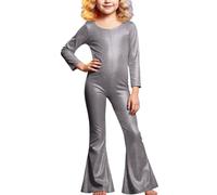 Gefomuofe Justaucorps à manches longues pour fille - Brillant - Costume de performance - Col rond - T-shirt à manches longues et pantalon évasé - Déguisement métallique, Noir , 170