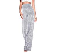Gefomuofe Pantalon vintage évasé pour femme - Pantalon long à paillettes - Pour fête disco - Taille haute - Imprimé hippie, argenté, L