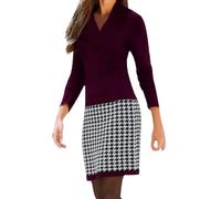 Gefomuofe Robe en tricot pour femme - Col en V - Manches longues - Robe pull rayée - Patchwork - Robe crayon élégante - Mini robe tunique - Vêtement de travail, rouge, L