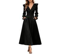 Gefomuofe Robe Mi Longue Femme Col V Manches Longues Volants Élégante Classique Soirée Fourreau Loisir Confortable Douce pour Quotidien Bureau Mariage Fête Voyage Automne Hiver Poches