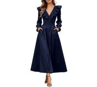 Gefomuofe Robe Mi Longue Femme Col V Manches Longues Volants Élégante Classique Soirée Fourreau Loisir Confortable Douce pour Quotidien Bureau Mariage Fête Voyage Automne Hiver Poches