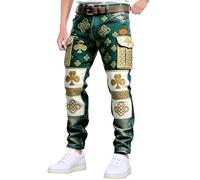 Gefomuofe St Patrick's Day Jean patchwork stretch pour homme Coupe ajustée Pantalon d'extérieur décontracté Multicolore Pantalon de loisirs Multicolore Pantalon de détente Hip Hop Streetwear, A vert