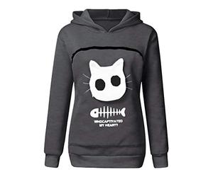 Gefomuofe Sweat à capuche pour femme avec poche pour chat - Pull à capuche super doux et confortable avec poche pour chat - Sweat-shirt à manches longues pour l'automne et l'hiver, gris foncé, M