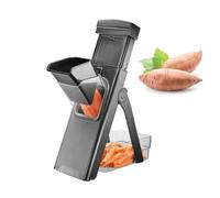 GEFU Mandoline tout-en-un | Pour patates douces, légumes et fruits jusqu'à 8 cm de diamètre | Avec bac de récupération, lames réglables et pied à ventouse | Acier inoxydable