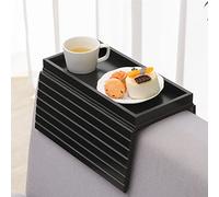 GEHE Plateau en bambou naturel pour accoudoir de canapé, table de canapé, plateau antidérapant, support de tasse pour collations, téléphone, contrôle, tasses, flexible et pliable, noir