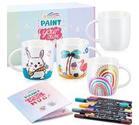 Geiserailie 4 Tasses à Peindre Soi-Même Kit Pâques 4 Tasses en Céramique Vierges à Sublimation 12 Marqueurs avec 24 Couleurs Cadeau Personnalisé Amusant à Faire Anniversaire Fête des Mères (Classique)