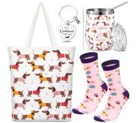 Geiserailie Lot de 4 Cadeaux pour Maman Teckel « Best Teckel Mum Ever » - Cadeau pour Femme - Comprend des Chaussettes, Un Sac fourre-Tout en Toile, Un Porte-clés et Un Verre à vin, Un Anniversaire