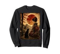 Geisha Assise avec Chat Noir Temple Japonais Lune Vintage Sweatshirt