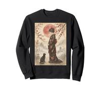 Geisha Debout et Chat Noir sous la Lune Rouge Art Japonais Sweatshirt