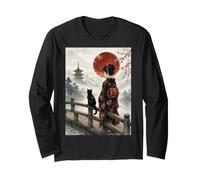 Geisha et Chat Noir sur Pont Lune Rouge Art Vintage Japonais Manche Longue