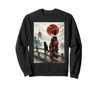 Geisha et Chat Noir sur Pont Lune Rouge Art Vintage Japonais Sweatshirt
