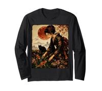 Geisha Feeding Black Cat Japanese Garden Red Moon Illustration Manche Longue