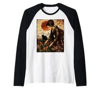Geisha Feeding Black Cat Japanese Garden Red Moon Illustration Manche Raglan