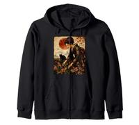 Geisha Feeding Black Cat Japanese Garden Red Moon Illustration Sweat à Capuche