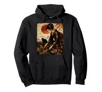 Geisha Feeding Black Cat Japanese Garden Red Moon Illustration Sweat à Capuche