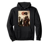 Geisha Greeting Black Cat by Stone Lantern Œuvre d'art Japonaise Sweat à Capuche