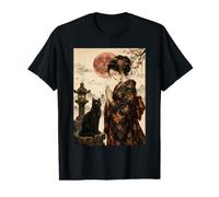 Geisha Greeting Black Cat by Stone Lantern Œuvre d'art Japonaise T-Shirt Graphique avec Valeur