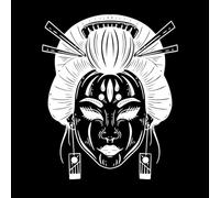 Geisha japonaise avec un tatouage facial de masque de diable, style de gravure dessiné à la main Stickers gravés 41x49.8cm Stickers pour vitres Blanc