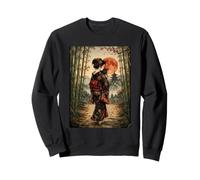 Geisha Marchant avec Un Chat Noir sous Une Lune Rouge Vintage Japonais Sweatshirt