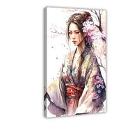 Geisha Neon Cherry Blossoms, peinture d'art colorée et décoration d'intérieur, style japonais et élégance - Portrait de geisha tendance - Poster vintage japonais de fille geisha 17 - Poster sur toile