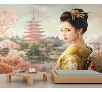 Geisha Papier peint 3D - Décoration murale Diva japonaise - Pour salon, chambre à coucher, bureau, hôtel, bar, plafond - 350 x 256 cm