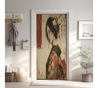 Geisha Stickers de Porte Trompe l'oeil Japonaise, Stickers pour Porte Intérieur PVC Auto-Adhésif Vieux, 90x200 cm (y1T19)