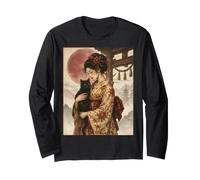 Geisha Traditionnelle avec Chat Noir et Porte Torii Art Vintage Manche Longue