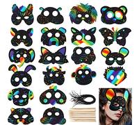 Gejoy 40 Jeux Masques d’Animal de Papier à Gratter Masque à Gratter Coloré avec Bande Élastique et Stylet en Bois pour Fournitures de Fête à Thème d’Animal