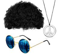 Gejoy Ensemble de Costume Hippie Perruque Afro Funky Lunettes de Soleil Collier Signe de Paix pour Soirée à Thème 50/60/70 (Noir)
