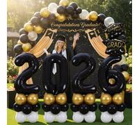 Gejoy Lot de 50 décorations de remise de diplôme avec ballons en forme de chiffre de 2026 avec 8 LED - Noir clair et doré - Décoration de fête - Ballons de félicitations sur pied pour cabine photo