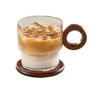 GEK208130 Moderne Mug à café transparent avec anse en noyer et sous-verre, 330 ml, verre borosilicate, idéal for maison, cafés bars Fêtes