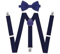 Gekamoyue Bretelles Homme Larges Réglable, Bretelles 2.5 cm de Large en Y avec 3 Robuste Clips et Nœud Papillon, Mens Bretelle Noeud Papillon Set(Bleu)