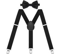 Gekamoyue Bretelles Homme Larges Réglable, Bretelles 2.5 cm de Large en Y avec 3 Robuste Clips et Nœud Papillon, Mens Bretelle Noeud Papillon Set(Noir)