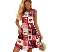 Gekhuqory Robe d'été sans manches à col rond pour femme, robe d'été décontractée ajustée et ajustée, Carreaux Love Hearts, XL
