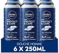 Gel Douche Protect & Care (Lot 6x250 Ml) ¿ Soin Lavant Enrichi En Aloe Vera Naturel ¿ Gel Douche Homme 3 En 1 ¿ Soin Nettoyant Corps Visage Et Cheveux À La Formule Hydratante